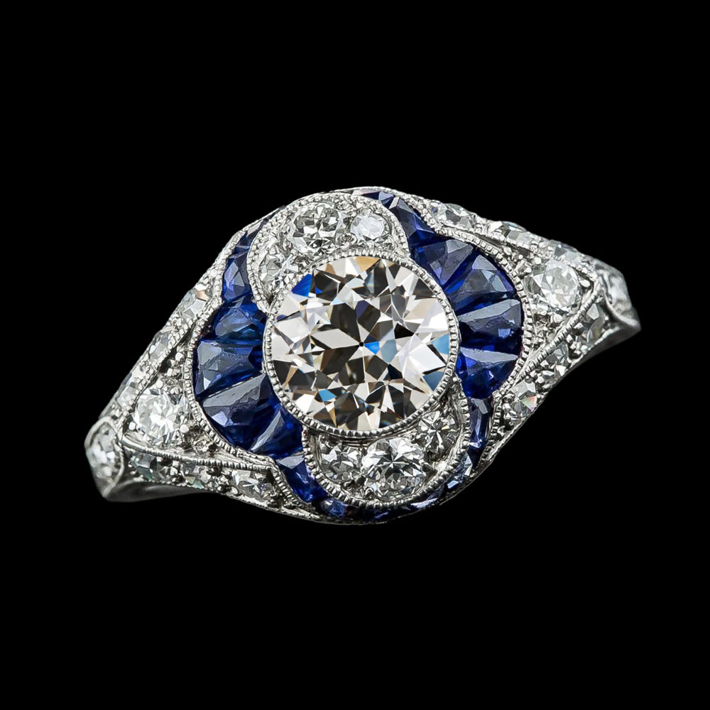 Blue Sapphire Round Old Mine Cut Diamond Ring