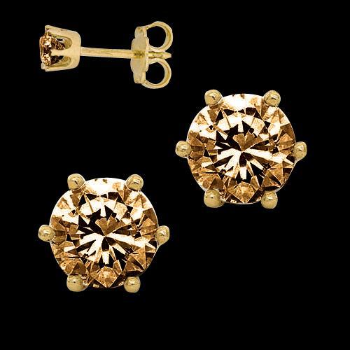 Fancy Ladies Brown Diamond Studs Crown Setting Earrings Yellow Gold