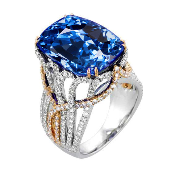 Ceylon Blue Sapphire And Diamonds New Fancy Ring Two Tone
