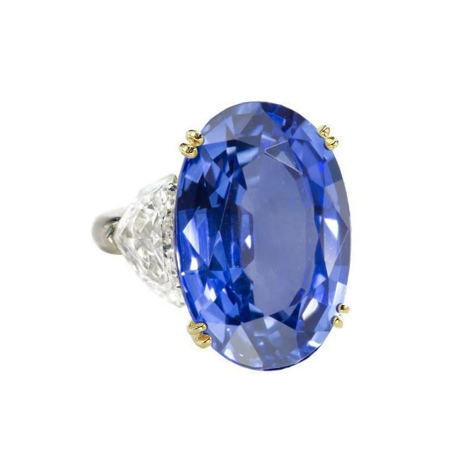 Elegant Woman's Ceylon Sapphire Oval And Trillion Diamonds Ring 3-Stone
