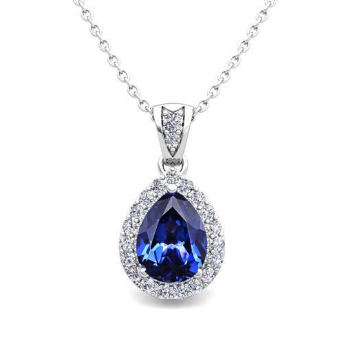 Ceylon Sapphire Pear Cut & Natural Earth Mined Diamond Pendant Necklace 2.25 Ct WG 14K