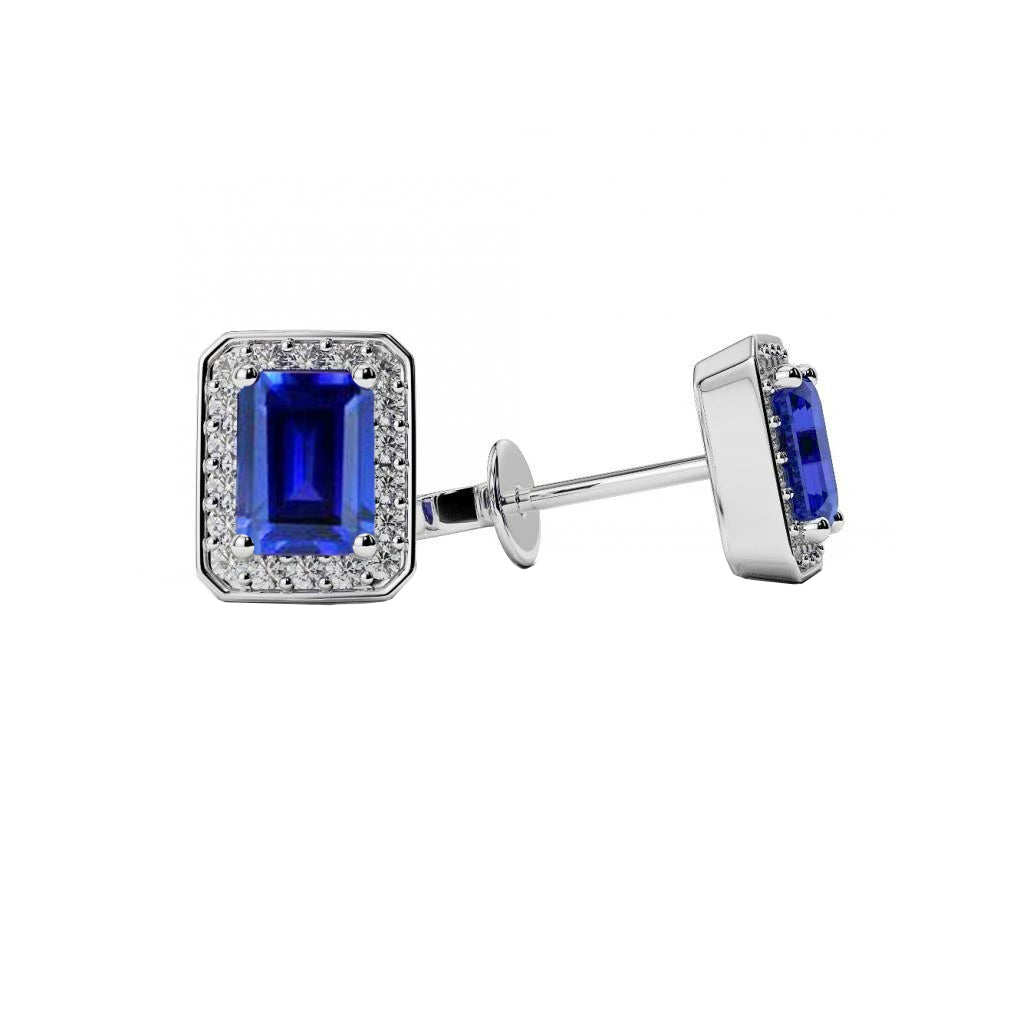 New STylish Ceylon Sapphire With Round Diamond Halo Stud Earrings