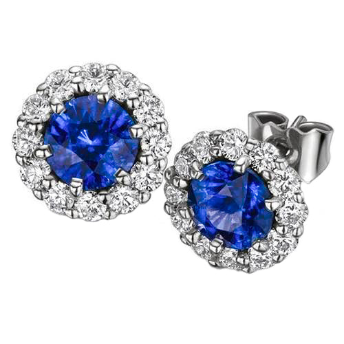 Ceylon Lady’s Brilliant Engagement Sapphire With Round Diamond Halo Stud Earring