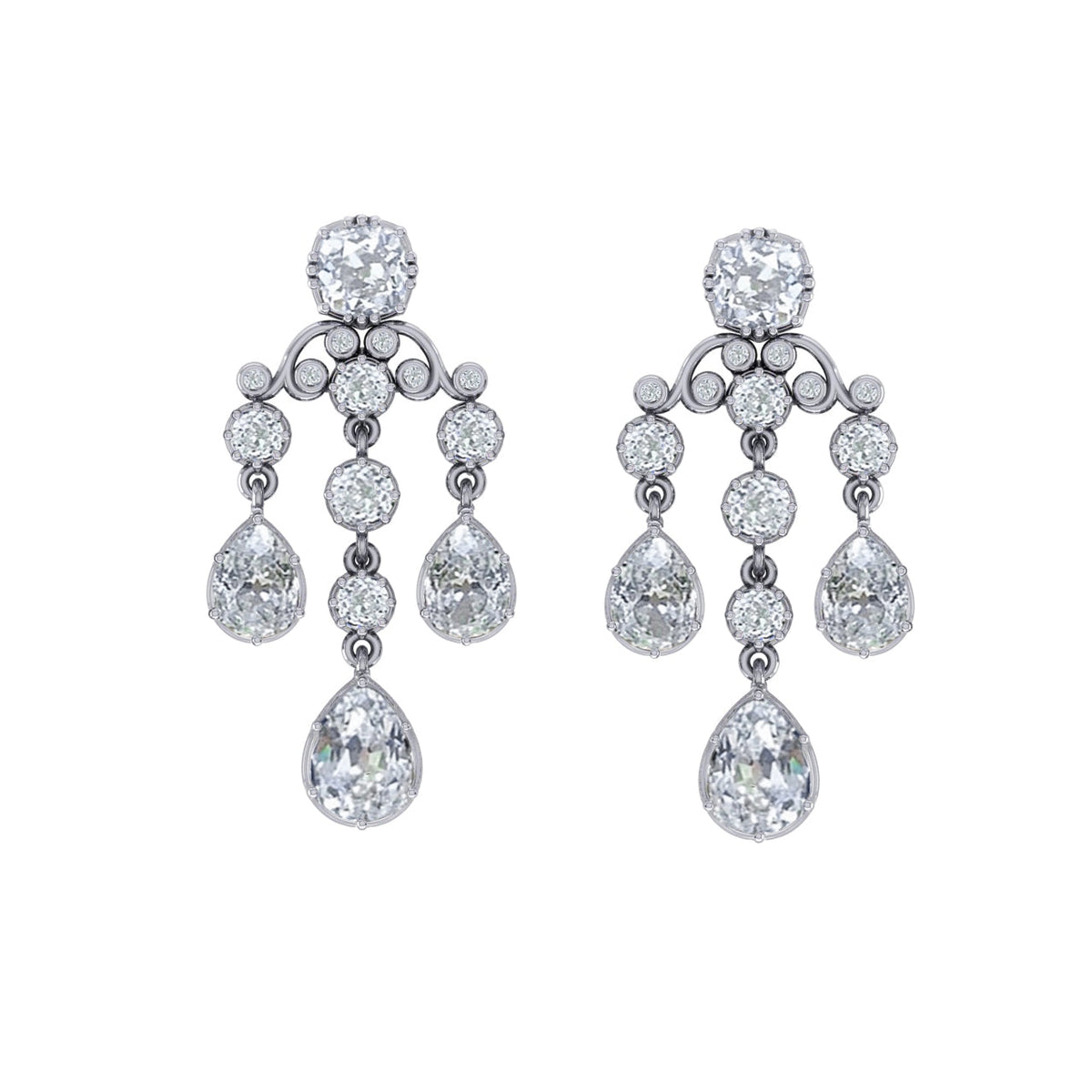 Bridal Chandelier Earrings Pear, Cushion Old Cut Diamonds 6.50 Carats