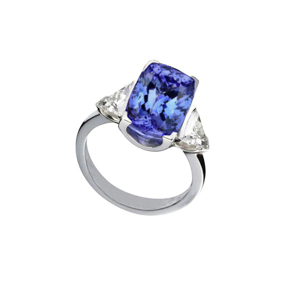 New High Quality Cushion Tanzanite And Diamonds 3 Stone Ring White Gold