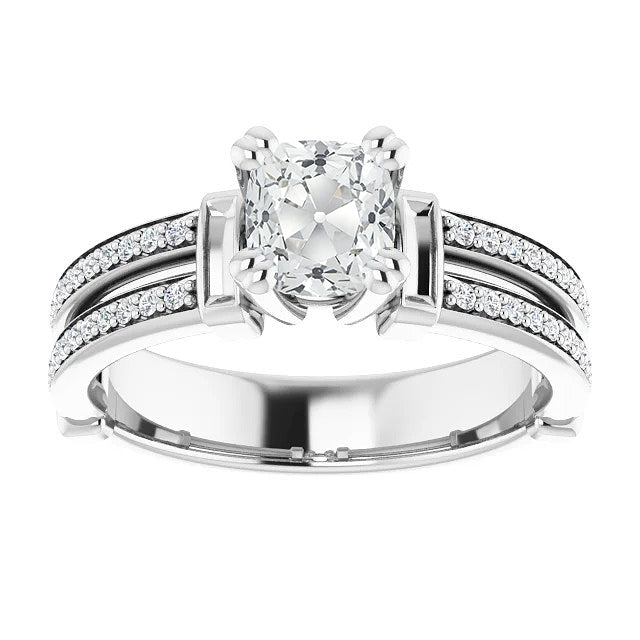 White Cushion Old Mine Cut Diamond Double prong Ring