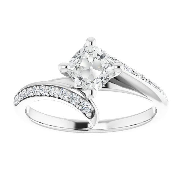 New White gold Cushion Old Mine Cut Diamond Ring Prong Set