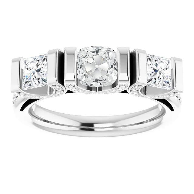 Cushion Old Miner Diamond Ring Bar Set 9 Carats Gold 14K