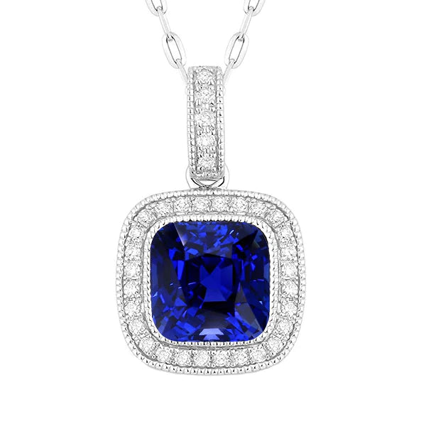 Cushion Sapphire Milligrain Halo Pendant Diamond Bezel Set 5.25 Carats