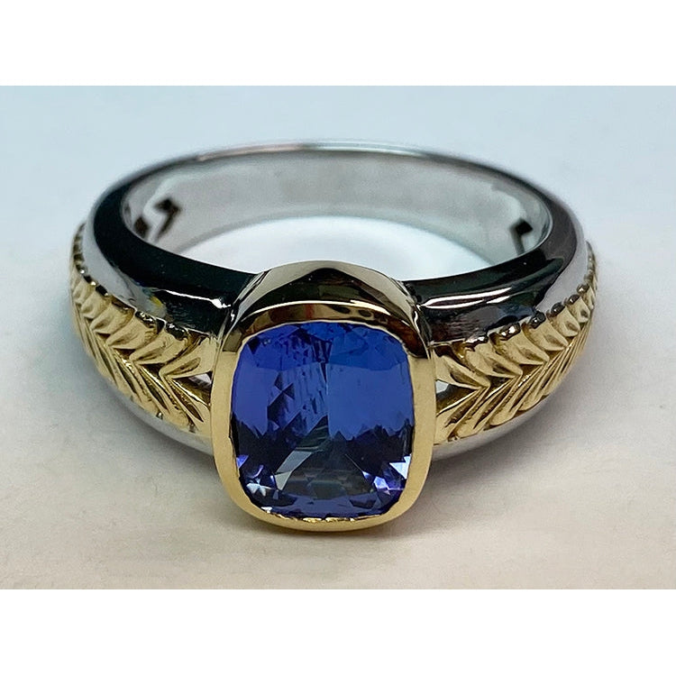 Natural Real ( Not Lab Grown ) Two Tone Solitaire Tanzanite Ring Cushion Bezel Set 5.50 Carats