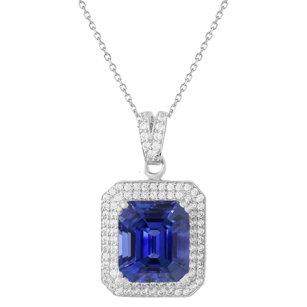 Diamond Double Halo Pendant Emerald Ceylon Sapphire 3.75 Carats