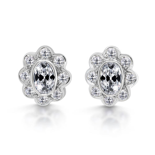 Diamond Halo Oval Old Cut Stud Earrings Flower Bezel Set 6 Carats