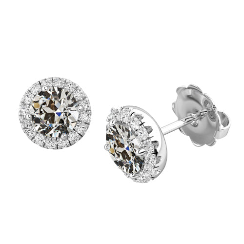Diamond Halo Round Old Mine Cut Stud Earrings 3.50 Carats White Gold