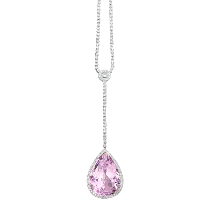 Natural Earth Mined Diamond Necklace 16 Ct Pink Pear Cut Kunzite Pendant Gold Jewelry