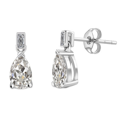 Diamond Pear & Baguette Old Cut Dangle Earrings Basket Style 2.50 Carats