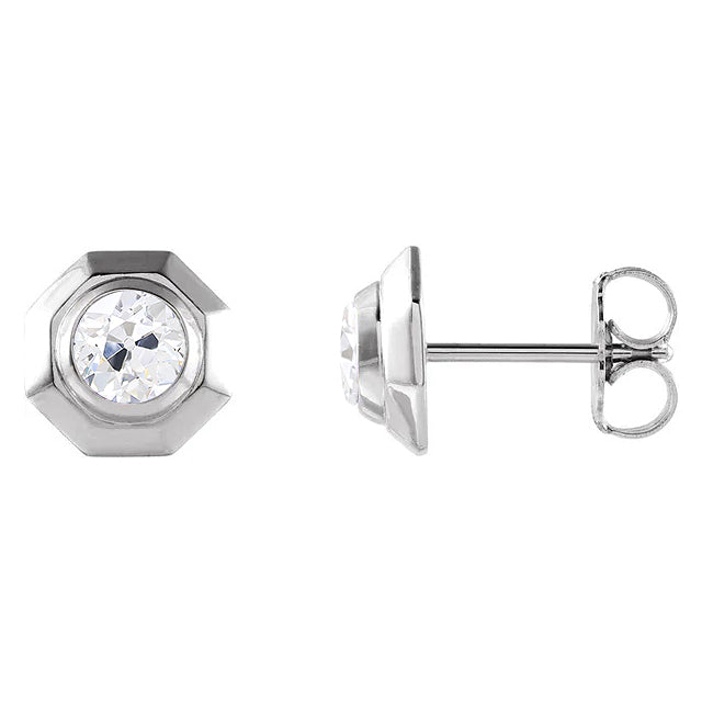 Diamond Stud Earring Octagon Shape Round Old Miner 2 Carats White Gold
