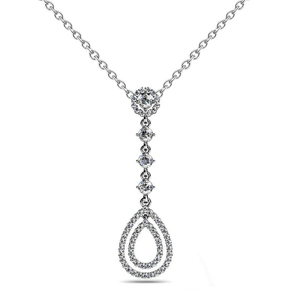 Double Drop Round Natural Earth Mined Diamond Pendant Necklace 6.0 Carat White Gold 14K