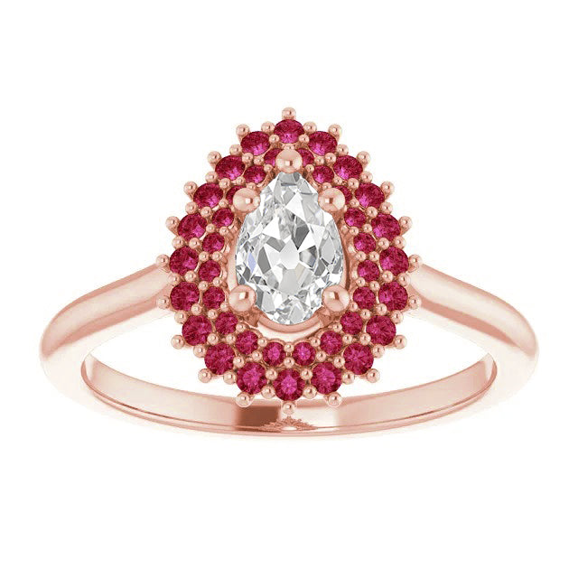 Halo Pear Old Miner Diamond Ring Round Rubies