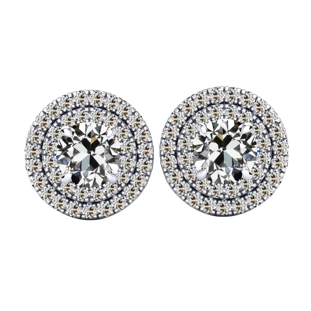 Double Halo Stud Earrings 5 Carats Old Mine Cut Diamond