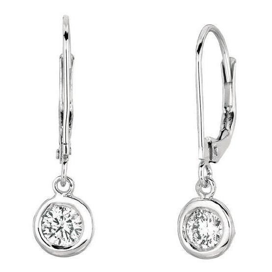 Drop Down Bezel Earrings Round Diamond Pair 0.50 Carats White Gold 14K