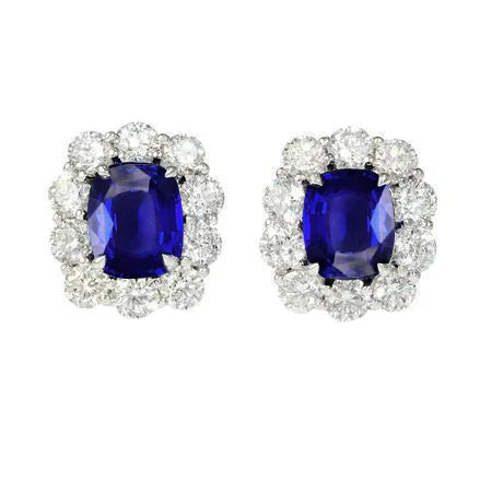 Lady’s Round Anniversary Eagle Claw Prongs Cushion Sapphire Studs Cluster Diamond Earrings
