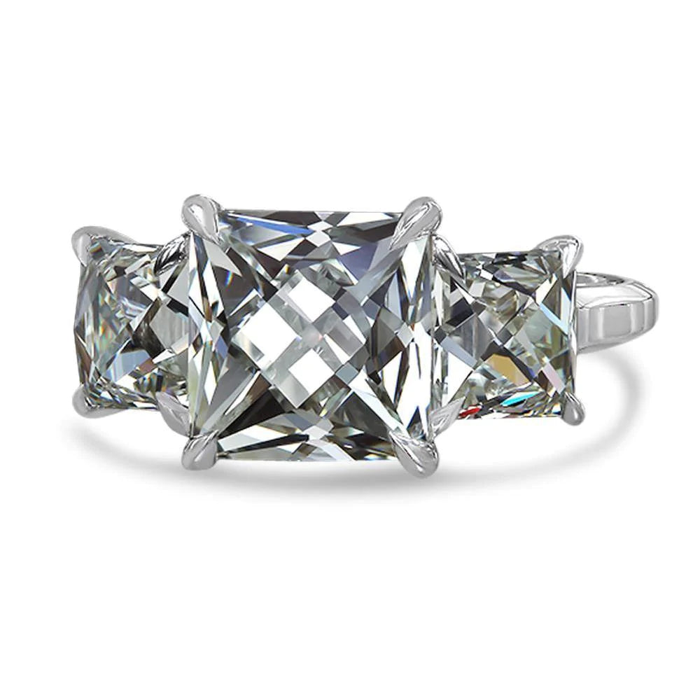 Eagle Claw Prongs French Cut Lab Grown Diamond Three Stone Ring 4 Carats