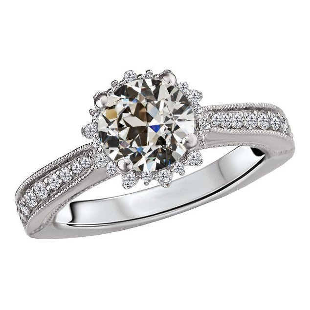 Flower Style Diamond Halo Ring Gold Old Mine Cut Milgrain 3.50 Carats