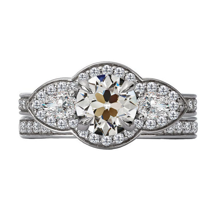 Flower Style Halo Wedding Ring Set Round And Pear Old Miner 4 Carats