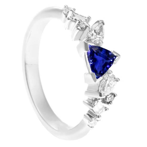 Fancy Lady’s Vintage Style Gemstone Trillion V Prong Blue Sapphire