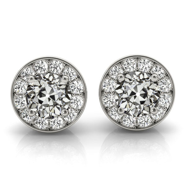 Gold Diamond Stud Earrings 6.25 Ct Halo Round Old Mine Cut