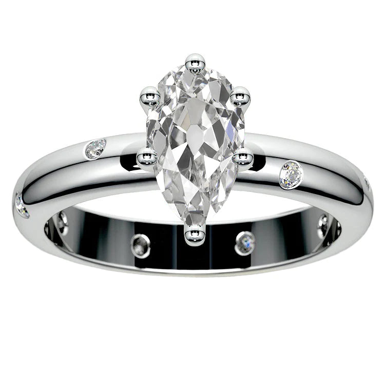 Gypsy Pear Old Miner Diamond Ring Flush Set White Gold 14K 4.50 Ct