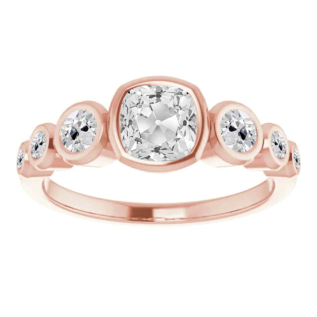 Half Eternity Band Cushion Old Cut Diamond Bubble Ring 5.50 Carats