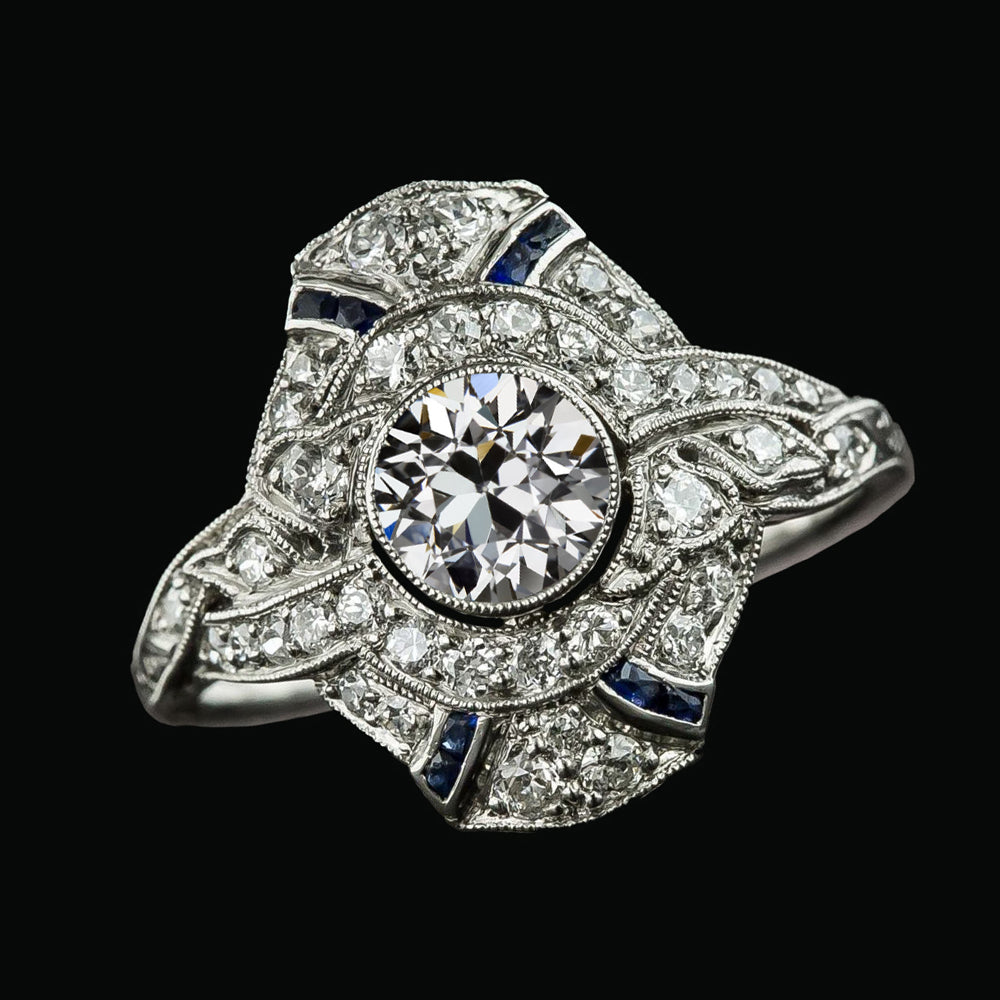 Halo Anniversary Ring Old Miner Round Diamond Blue Sapphire