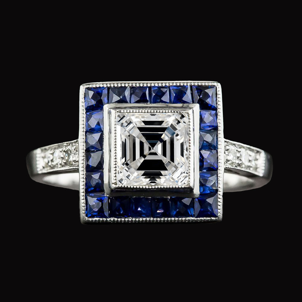 Halo Asscher Diamond Blue Sapphires Old Miner Ring Gold