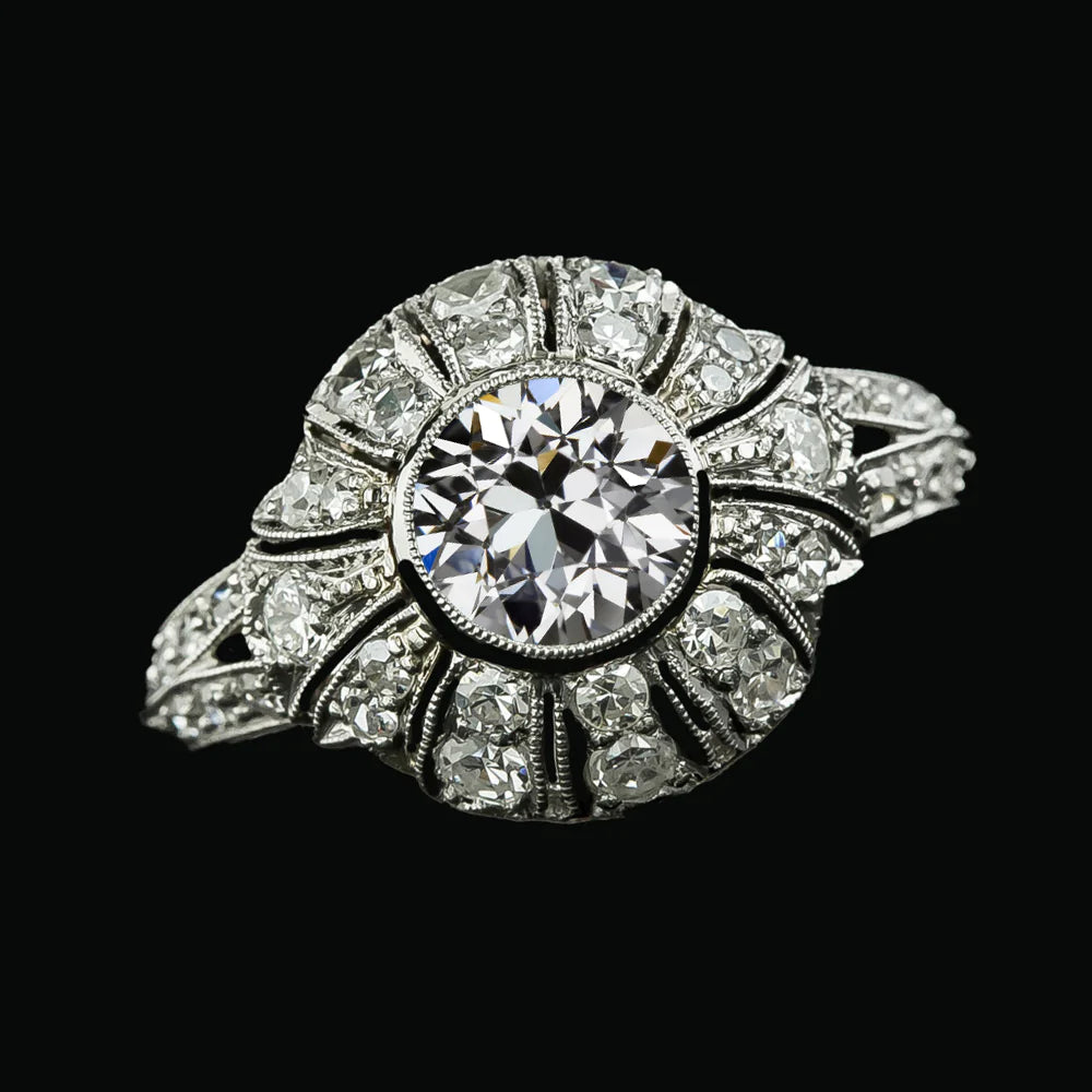 Halo Bezel Set Round Ring Old Mine Cut Diamonds 4 Carats