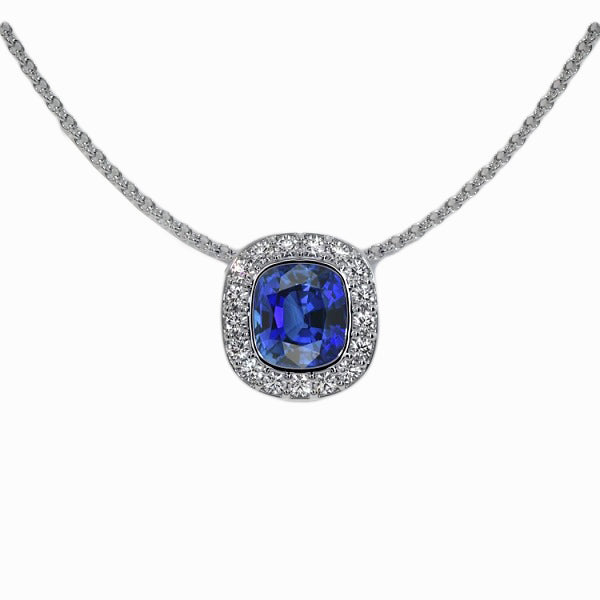 Halo Ceylon Sapphire Diamond Pendant