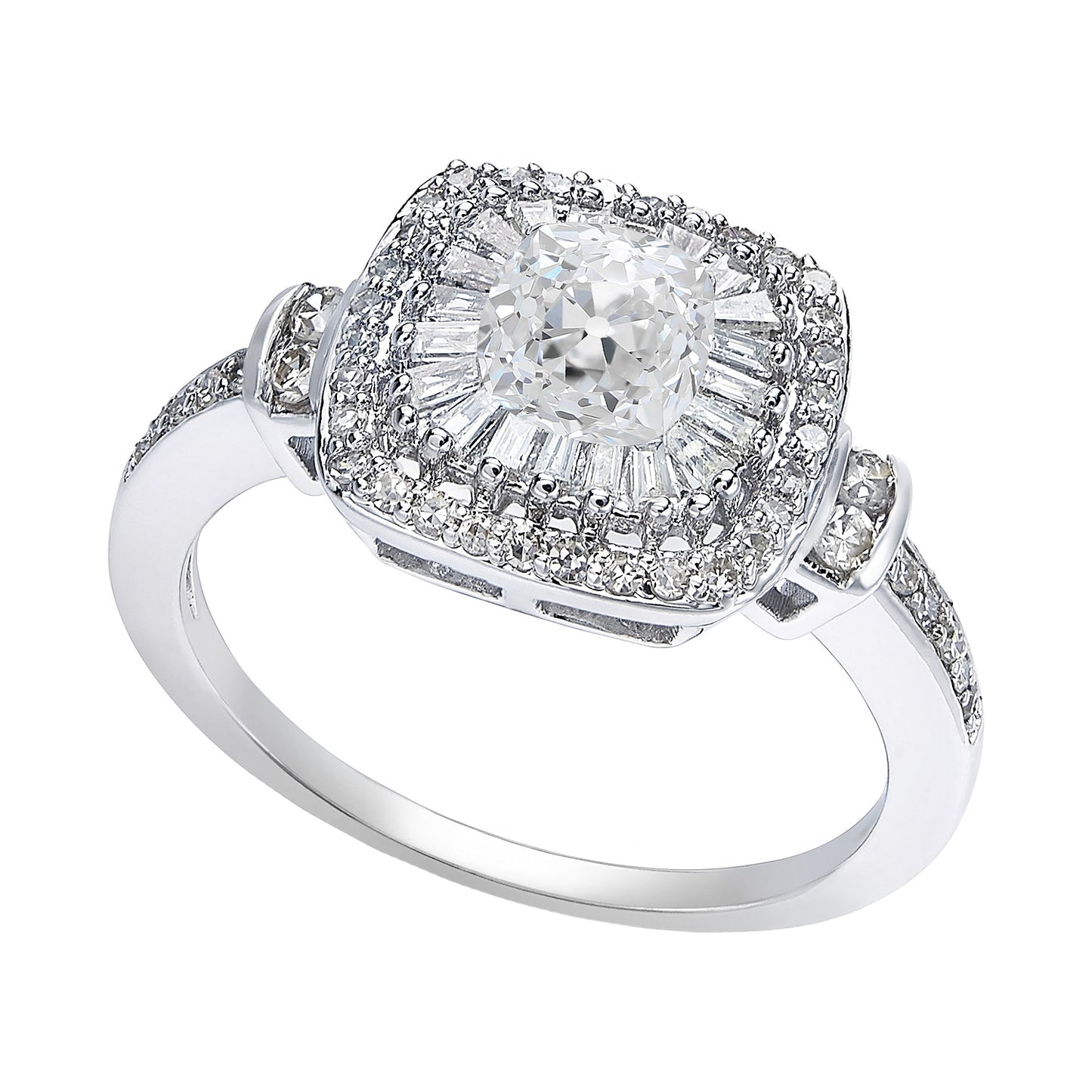 Halo Cushion Old Miner Baguette & Round Diamond Ring