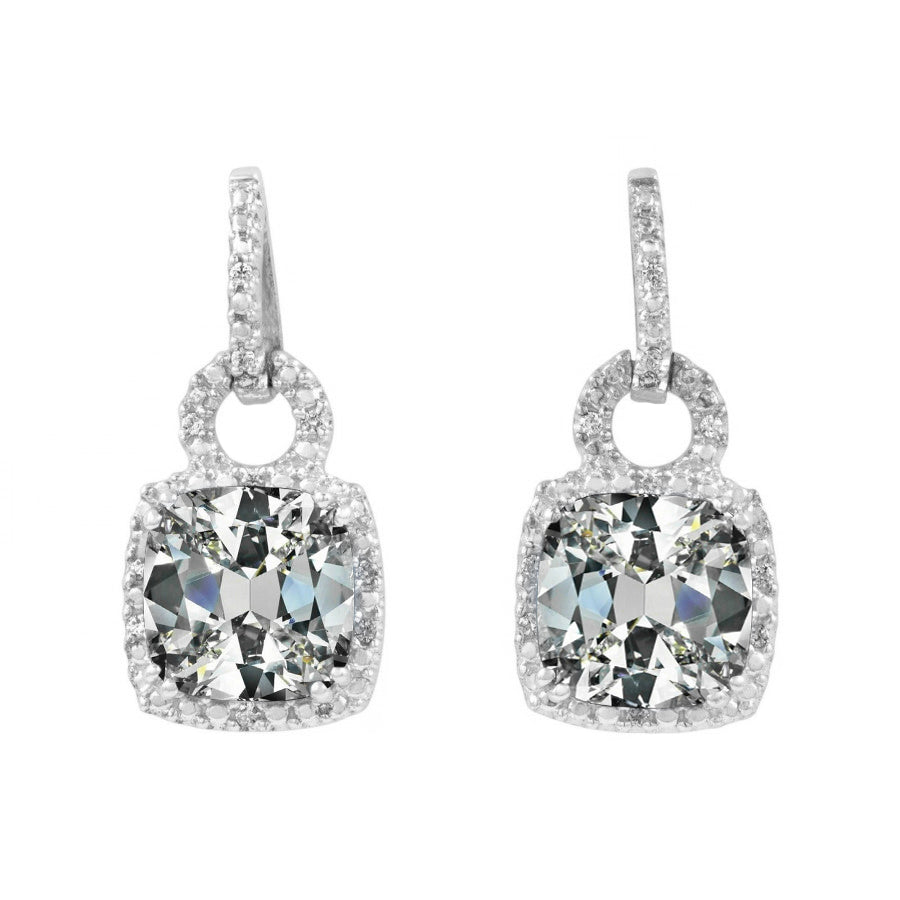 Halo Cushion & Round Old Cut Earth Mined Diamond Drop Earrings 9.50 Carats