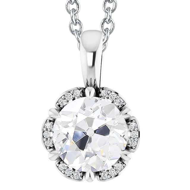 Halo Diamond Eagle Claws Pendant Round Old Miner White Gold 14K