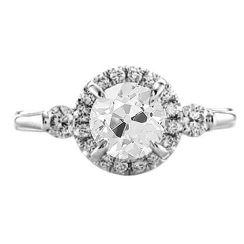 Halo Natural Earth Mined Diamond Jewelry 2 Carats Old Cut Women's Ring White Gold 14K