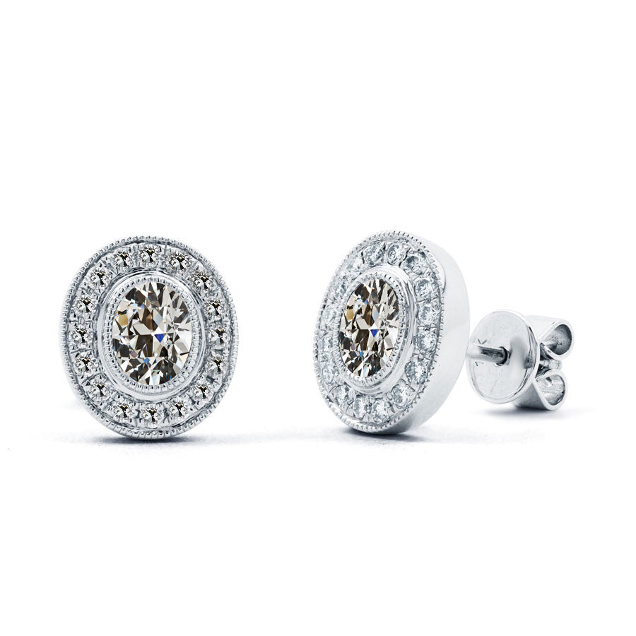 Halo Genuine Natural Real Diamond ( Not Lab Grown ) Oval Old Miner Stud Earrings Bezel Set Jewelry 4 Carats