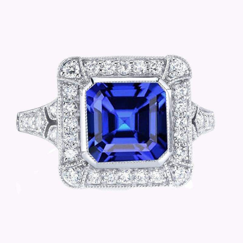 Woman's Weeding Anniversary Asscher Bezel Set Milgrain Shank Halo Diamond Sapphire Ring