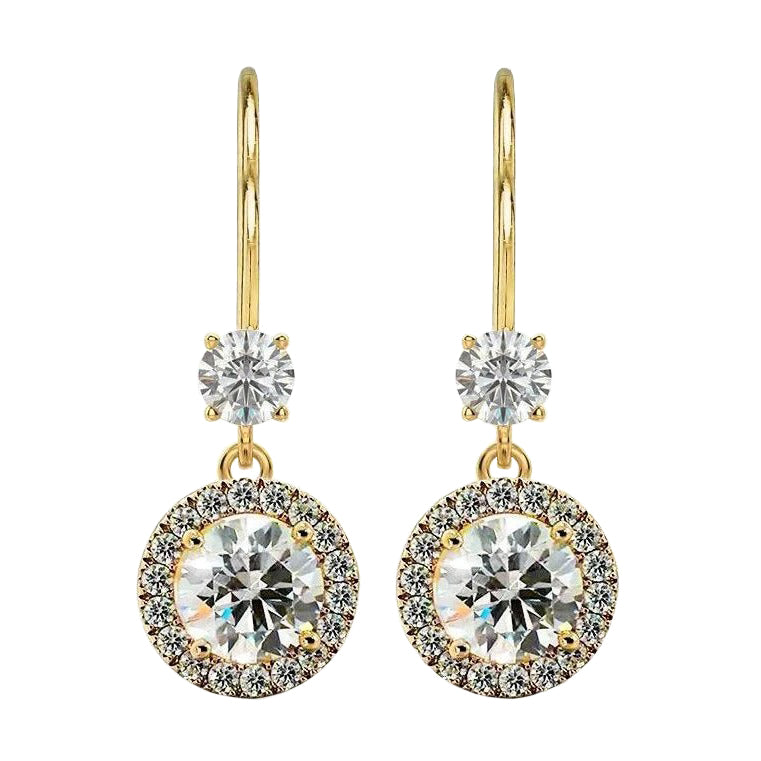 Halo Drop Dangle Earrings Leverbacks 4.80 Carats Yellow Gold 14K