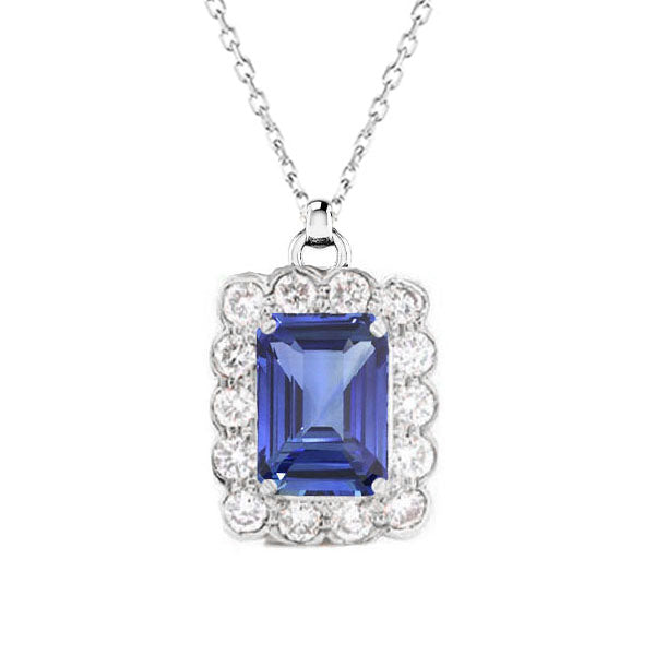 Halo Emerald Blue Sapphire & Diamond Pendant