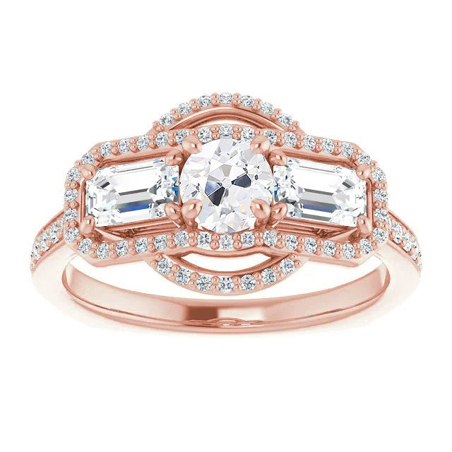 Halo Emerald & Round Old Cut Diamond Ring