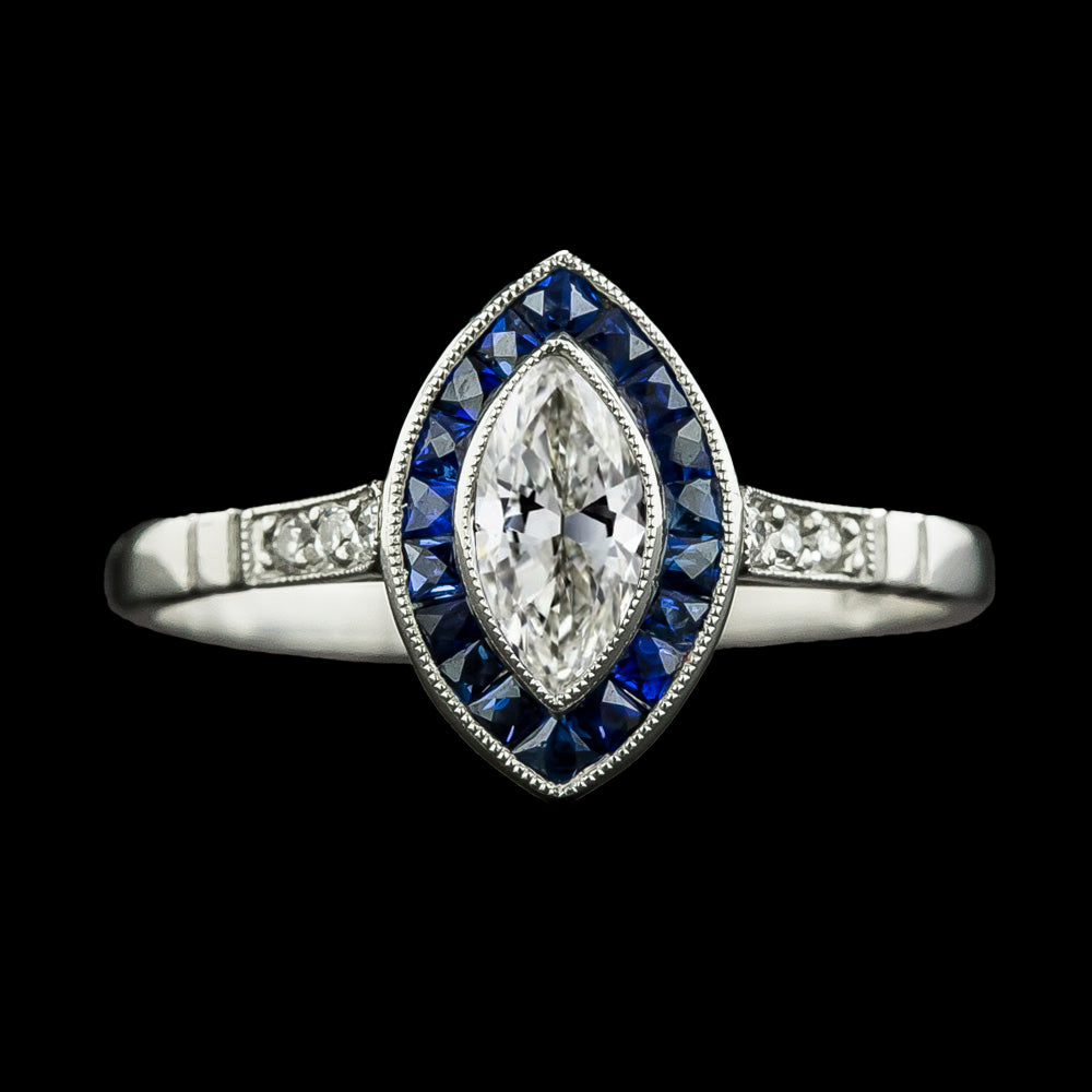 Halo Old Miner Cut Diamond Sapphire Ring