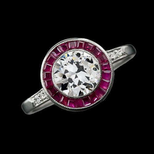 Halo Old Miner Round Diamond Ring Baguette Sapphires