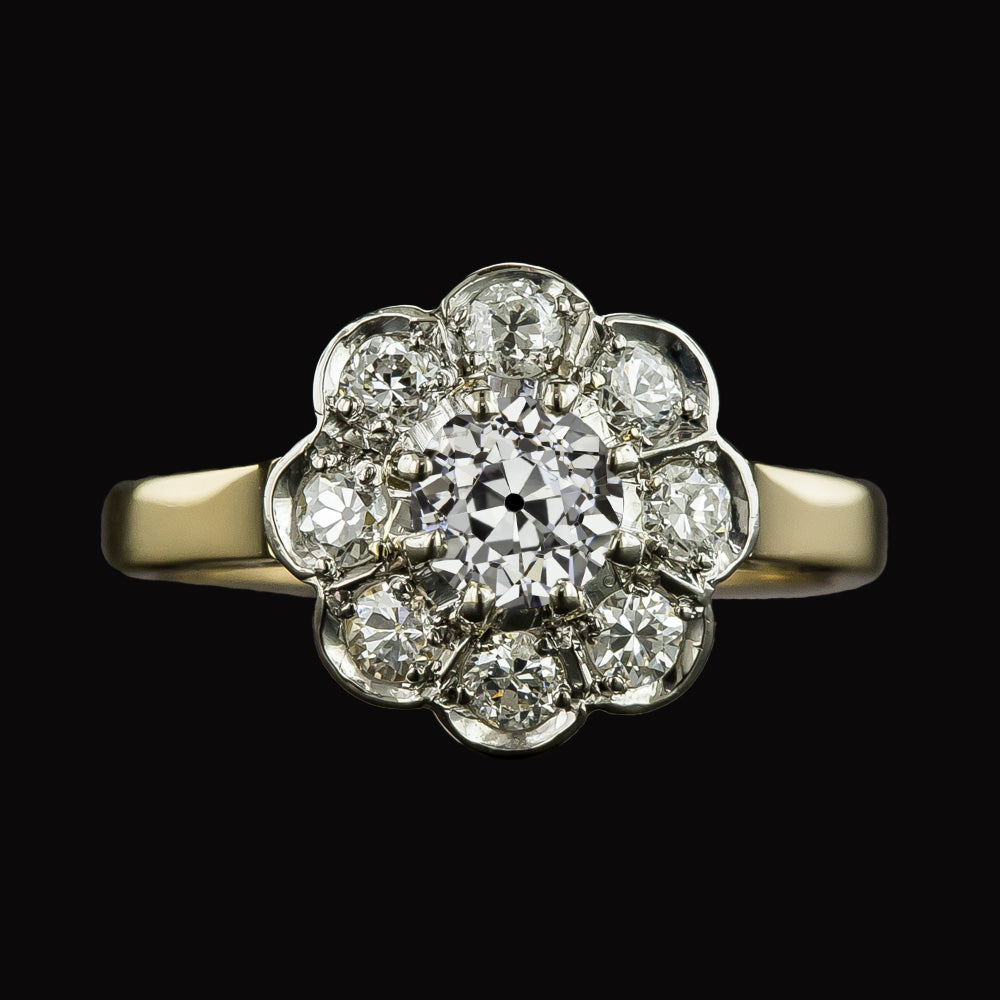 Halo Old Mine Cut Diamond Ring Two Tone Flower Style Jewelry