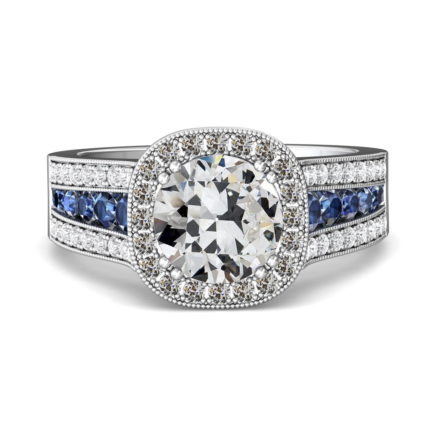Halo Old Mine Cut Diamond & Blue Sapphires Ring