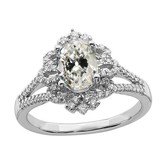 Halo Oval Old Cut Diamond Ring Flower Style